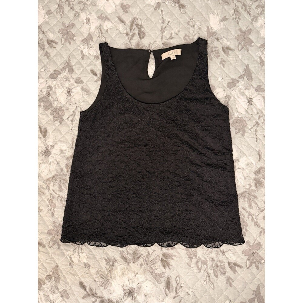 LOFT Black Lace Sleeveless Blouse Tank Top Scalloped Hem Keyhole Back Size S
